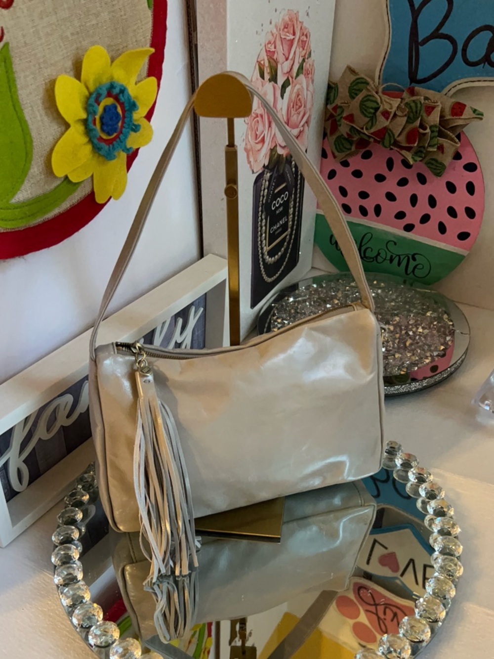 HOBO  gray leather with Tassel Charm shoulder bag
